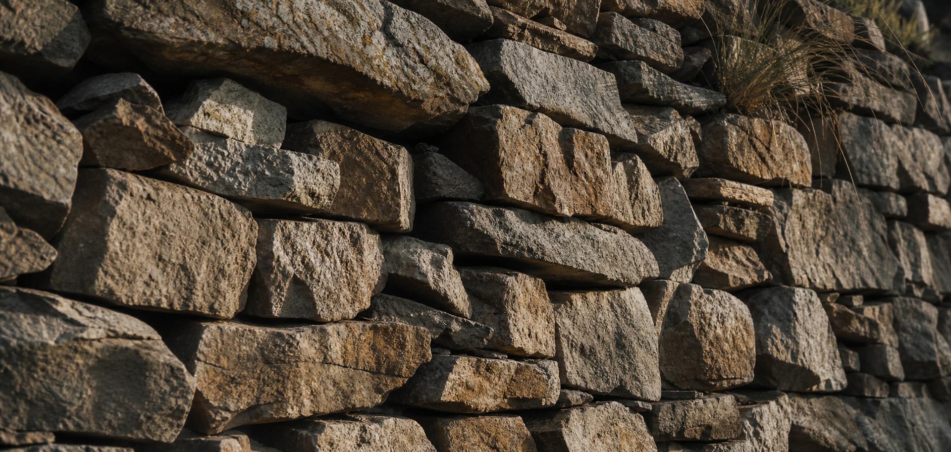 Dry-stacked rock retaining wall close detail